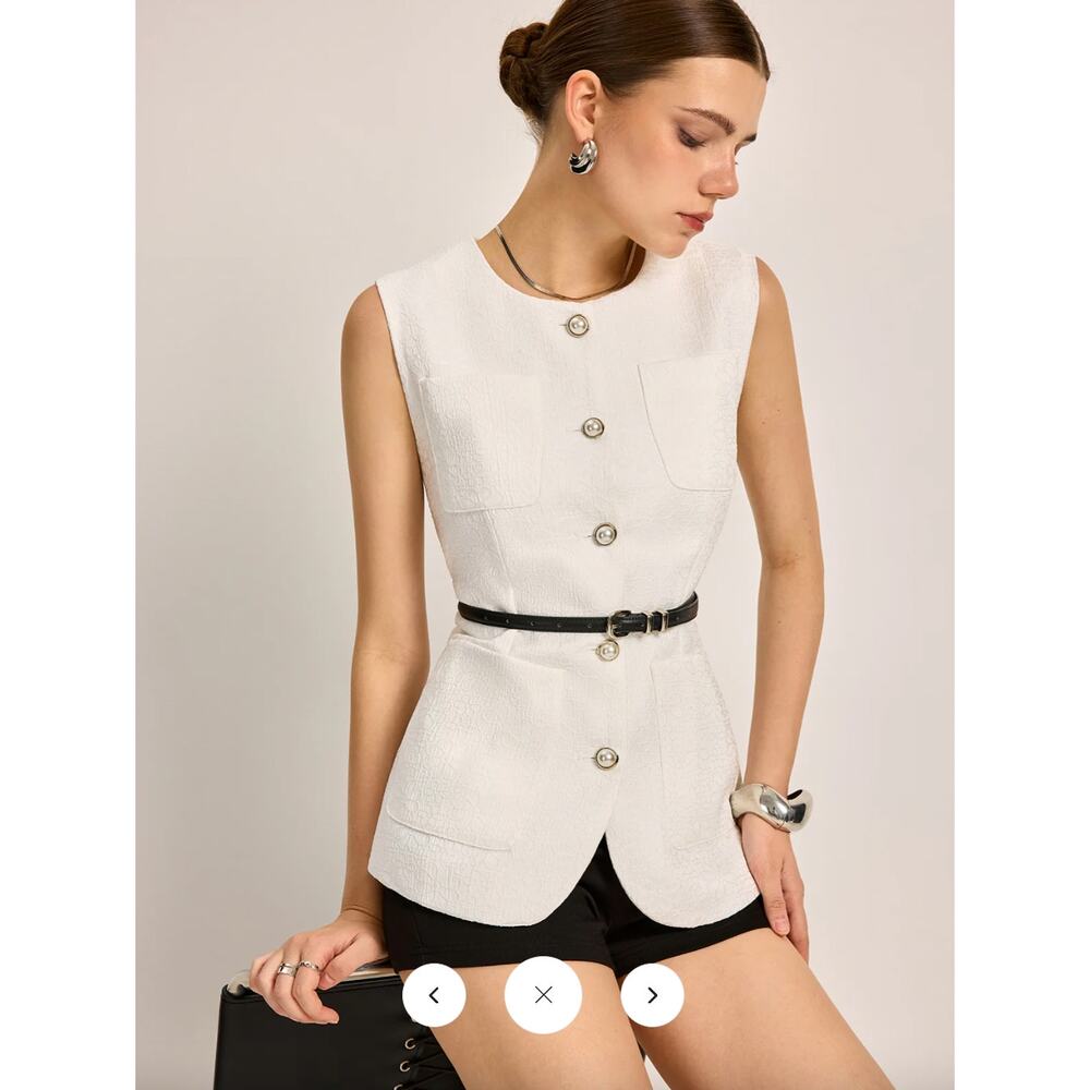 Commense Button-Front Pockets Textured Vest Without Belt Sz M